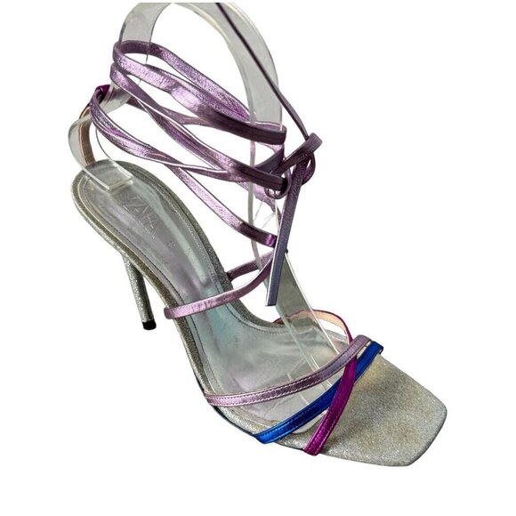 ZARA Blue Collection Sparkle Heels Lace-Up Glitter Metallic Formal Womens 7.5/38 - Picture 7 of 14